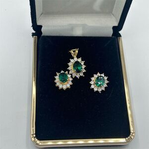 Green and Clear Stone Pendant and Earring Set Gold Toned